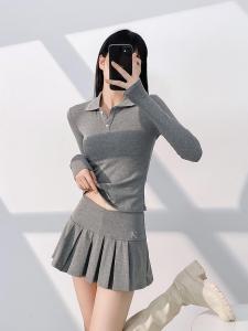 ชุดเสื้อยืดคอโปโลแขนยาวทรงสลิมฟิตและกระโปรงจีบเอวสูง ชุดสองชิ้น แฟชั่นฤดูใบไม้ผลิและฤดูใบไม้ร่วง ปักลาย หวาน เทรนด์