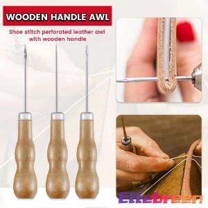 Awl Sewing Stitching Tool with Wooden Handle Shoes Repair Crochet Hook Threader Stitch Needle for Scribing Punching Aligning