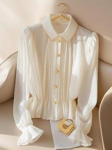 Elegant White Chiffon Shirt Womens Fashionable Business Design Spring Early New Style High Waist Loose Fit Long Sleeve Polo Collar