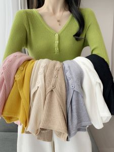 Spring Autumn V-Neck Slim Fit Knit Sweater with Long Sleeves for Women Fashionable Base Layer High Quality Cashmere