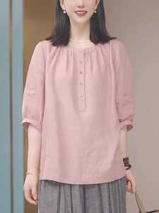 ฤดูร้อน 2024 ผู้หญิง หลวม Fit ผ้าลินิน เสื้อเชิ้ตครึ่งแขน Pure Color สไตล์ลำลอง Crewneck เสื้อท่อนบน อินเทรนด์ พรางหุ่น Effect Workwear