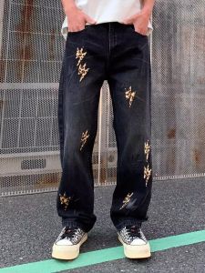Lightning Leopard Print Patchwork Jeans Mens Straight Leg Washed High Street Trend Retro Long Trousers Casual Cotton Polyester Blend