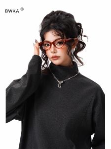 BWKA | Deconstructed Semi-high Collar Tencel-like Soft Warm Long Sleeve T-shirt