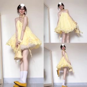 LIRENQING | Dopamine Boost Yellow Strap Dress 2026 New