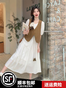 ชุดเดรสแขนกุดสีขาว ชุดสองชิ้น แฟชั่นฤดูร้อน สำหรับผู้หญิง ชุดทำงานสไตล์เกาหลี แขนสั้น กระโปรงทรงเอ คอตั้ง