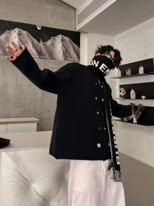 Threenine Niche Design Loose Knitted Cardigan Fastener Decoration Pure Color round Neck Sweater Outwear Men and Women