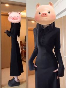 CHANGTONG | Polo Neck Slimming Black Dress Autumn