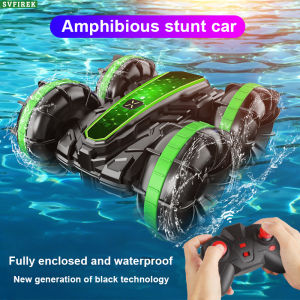 รถ RCโลดโผนแบบสี่ล้อขับเคลื่อนรถออฟโรด Mobil Remote Control สะเทินน้ำสะเทินบกรถโลดโผนรีโมทคอนโทรลกันน้ำคู่360หมุน ° ของเล่นในสระว่ายน้ำริมชายหาด