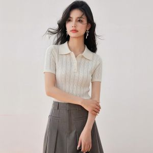 puella | Fashionable Polo Collar Jacquard Knit Short Sleeve T-Shirt