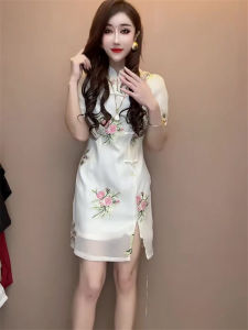Elegant Stand Collar Short Sleeve Qipao Dress Womens New Summer Chinese Style Floral Button Retro Beautiful Cheongsam Dress