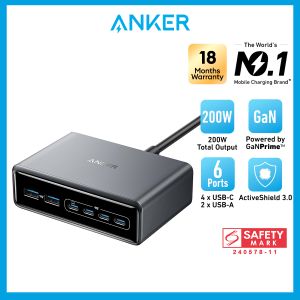 Anker เครื่องชาร์จไพรม์200วัตต์6พอร์ตที่ชาร์จไฟรวดเร็ว USB แท่นชาร์จกานอะแดปเตอร์ชาร์จในรถยนต์ A2683ปลั๊กหลายรูตั้งโต๊ะ