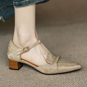 New 2025 Meneer-M Womens mid Heel Single Shoes Buckle Strap Chinese Style Leather Hollow Thick Heel Headed Sandals Fashionable