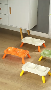 Elevated Double Bowl Pet Feeder Anti-Tip Non-Slip Stand High Foot Design Neck-Protecting Feeder for Cats Dogs Multi-Pet Households