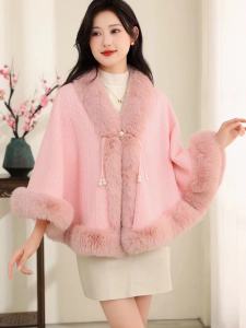 Wedding Shawl Chinese Style Autumn Winter Fleece Lined Pure Color Soft Fairy Artistic Outerwear for Women with Fur Collar