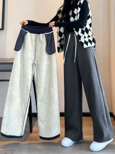 LANGPIN | Lamb Velvet Wide Leg Pants Women Autumn Winter Warm European Cotton Thick Casual Floor Length Fleece Lined Stripe Corduroy