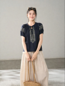 Embroidered Linen Cotton Ethnic Style Short Sleeve Shirt