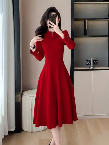 Elegant Red Long Sleeve Womens Qipao Dress High-End Customized Wedding Ceremony Dress Fashionable Mid-Waist A-Line Skirt