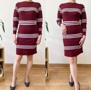 ●ECLAIRE● 0IS Dress Mini Knit Rajut Crew Neck Longsleeves Lengan Panjang Motif Stripe Salur Garis Kasual Kerja