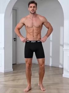 Mens Polyester Long-Leg Boxer Briefs - "SPORT" Logo Waistband Single Piece Black/Gray/Navy Athletic Underwear