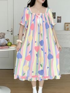 ชุดนอนแขนสั้นผ้าไหมน้ำแข็งฤดูร้อน 2025 ใหม่ ไซส์ใหญ่ 300 ปอนด์ หลวมๆ สำหรับนักเรียน ชุดนอนผู้หญิง ชุดนอน