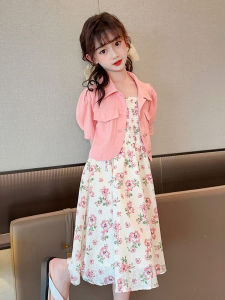 Summer Floral Print Dress Set for Girls with Bubble Sleeves Korean Style Cotton Denim Strap Princess Skirt A-Line Mini Dress