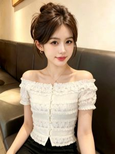 GUZILIAN | Áo Blouse Mùa Hè Tay Ngắn Off-Shoulder Có Ruffle Và Dây Nịt Eo Viền Ren
