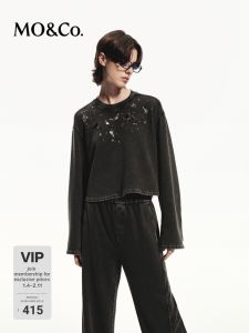MO&Co. | Retro Rock Mirror Beads Embroidered Cotton Short Loose Split Hoodie