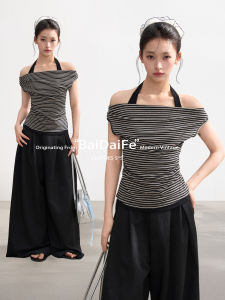BAIDAIFEI | Neck-Hanging Striped Off-Shoulder Short Sleeve T-Shirt