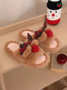 Thin Strips Autumn and Winter Cute Fluffy Slippers Mens and Womens Christmas Elk Non Slip Couple Household Word Cotton Slippers