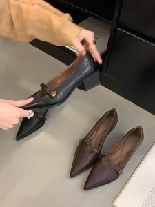 Fashion Retro Leather Mary Janes for Women Thick Sole Brown Office Shoe