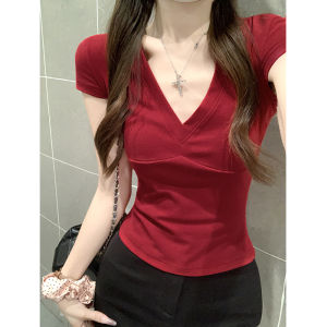 Spicy Girl Design Sensation Wine Red V-neck Short Sleeve T-shirt Slimming Short Style Top for Women Summer Cotton Blend