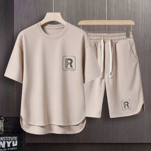 Summer Ice Silk Short Sleeve T-Shirt And Shorts Set for Men Casual Loose Five-Quarter Length Polyester Fiber Teenager Appropriate