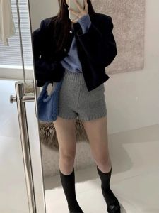 กางเกงขาสั้นผู้หญิงเอวสูงสีเทา ทรงตรง ทรงสลิม เอวยางยืด ทรงหลวม สไตล์สตรีท ฤดูใบไม้ร่วง 2025 กางเกงขายาวทรงสูง