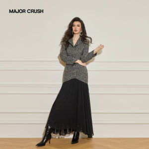 Vintage Styled Flared Collar Waist-cinching Patchwork Long Dress