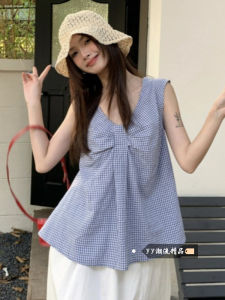 Double-Sided Wear Plaid Sleeveless Womens Shirt V-Neck Vest Doll Shirt Top Knot Design Commute Style Casual Fashion