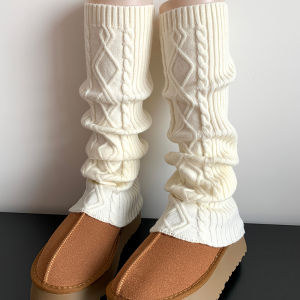 Thickened Woolen Diamond Pattern Knitted Sock Covers Womens Mid-calf Autumn Winter Warm Leggings Grey And White Japanese Style