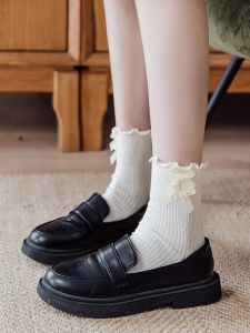 ถุงเท้าผู้หญิงครึ่งแข้งสีขาว ผูกโบว์ผีเสื้อ ถุงเท้าผู้หญิงฤดูใบไม้ผลิและฤดูร้อน ขอบดอกไม้ ถุงเท้าบัลเลต์ JK ถุงเท้ายาว