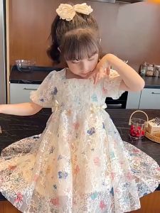 1-12 ปี ชุดเด็กผู้หญิง เด็กผู้หญิง ฤดูร้อน พิมพ์ลายเจ้าหญิงคอเหลี่ยม เดรสลูกไม้ลายใหม่