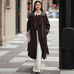 Yigue | Long Wool Coat with Leather Patch Design for Women