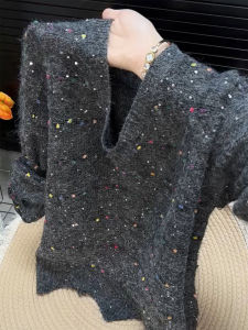QINGNAER | Elegant Loose Retro V-Neck Knitted Sweater Grey Spotted