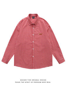 MOISHE TIDE Plaid Shirt Youth Spring Fashion Long Sleeve Embroidered Grid Pattern Mens Womens Red White Checkered Shirt Coat
