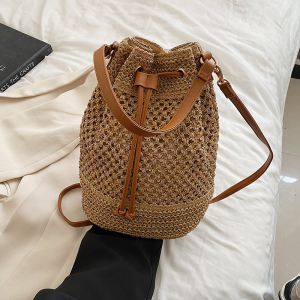 Casual Trendy Grass Woven Bucket Bag Large Capacity Single Shoulder Crossbody for Youth Soft Leather With Inner Patch Pocket