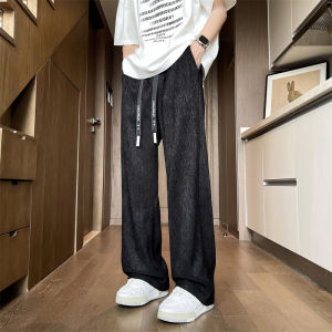 Ice Silk Casual Pants Mens Summer Thin Loose Straight Leg Pants Draped Wide Leg Long Trousers Tree Bark Fold Fashion Brand