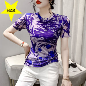 HZM Beautiful Print Top Womens 2023 Summer Fashion Short Sleeve Mesh T-shirt Short Sleeve Round Neck Slim Fit Silhouette Purple Top Fashion