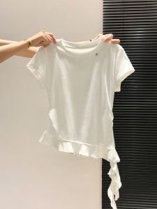 LUOSHAO | Áo Thun Tay Ngắn Cổ Tròn Viền Xếp Ly Không Đối Xứng 100% Cotton