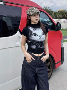 Áo Thun Modal in Hình Mèo Cổ Cao Tay Ngắn Ôm Vừa Vặn Mùa Hè Phong Cách Mỹ Cổ Điển Cho Nữ