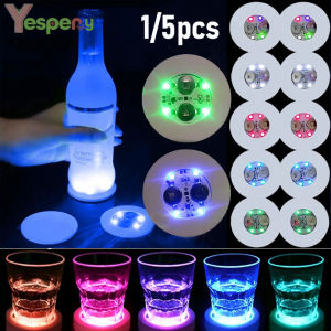 YESPERY 1/5PCS Luminous Flash Coaster Self-adhesive Bar Drinks Cup Pad Wine Liquor Bottles Coaster Atmosphere Light Cup LED Sticker Kitchen Accessory