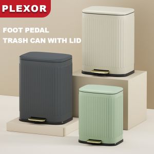 Plexor 6L/13L Rectangular Small Trash Can with Lid Silent Soft Close Trash Waste Bin Stainless Steel Garbage Can with Removable Inner Bucket Step Pedal Trash Bin for Bathroom Kitchen Bedroom Office