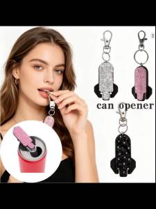 2 in 1 Bottle Opener Keychain Bling Creative Rhinestone Beverage Bottle Opener Tool Small Portable Easy Grip Camping Home Use