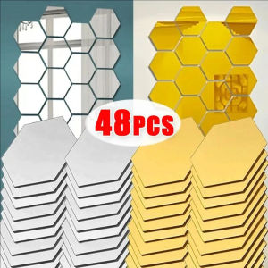 48/24PCS Modern Hexagon Mirrors / Large Self-adhesive Hexagon Mirror Stickers / Acrylic Mirror Wall Stickers for Home Bedroom Art Decoration